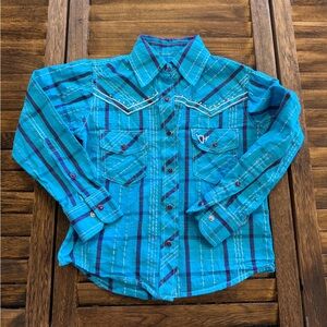 Cowgirl Hardware Turquoise Button Down Pearl Snap Purple Plaid Sparkle Girls XS